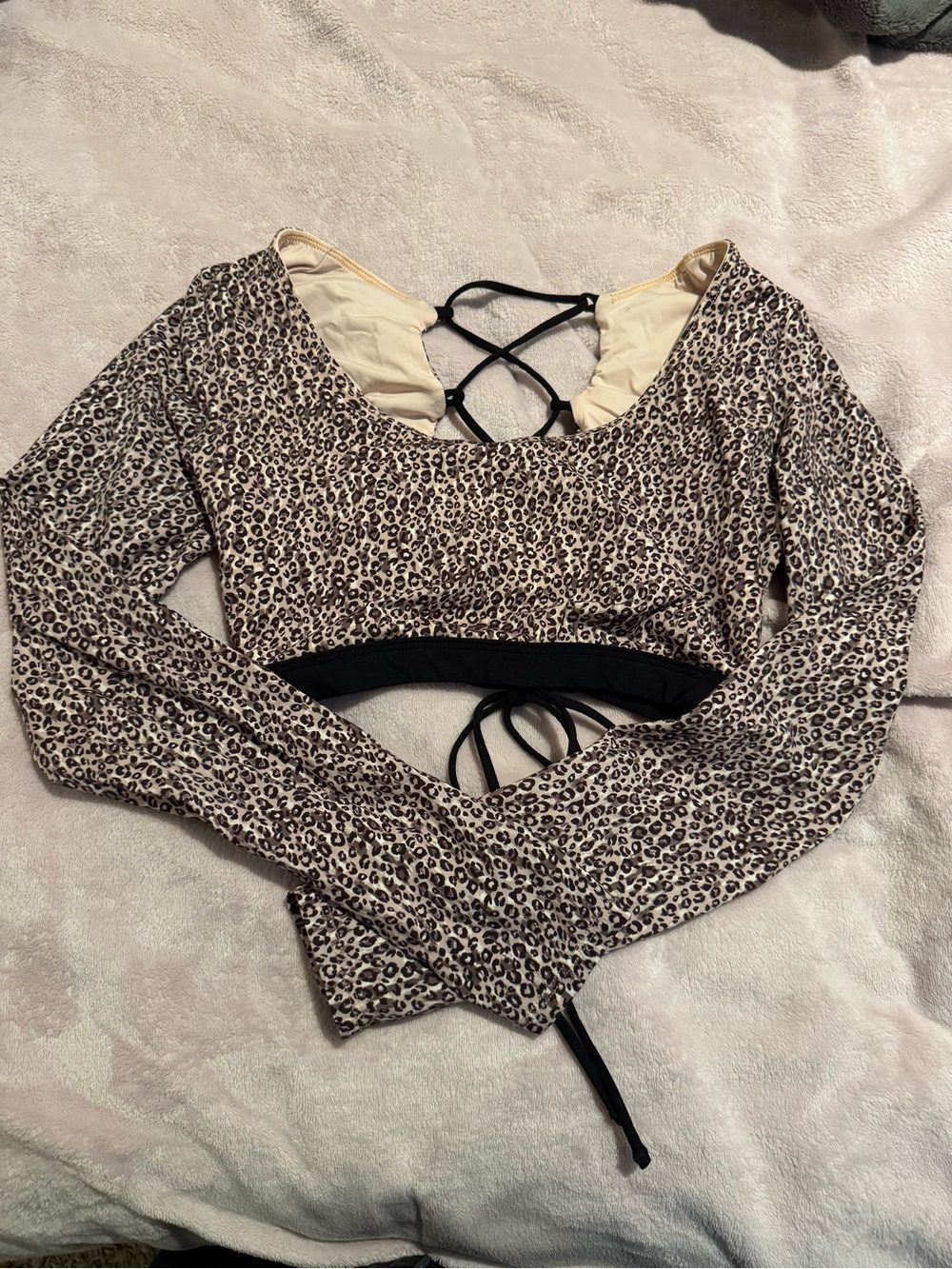 PINK Victoria's Secret Leopard Print Tie-Back Long Sleeve Bikini Top Beige/Black